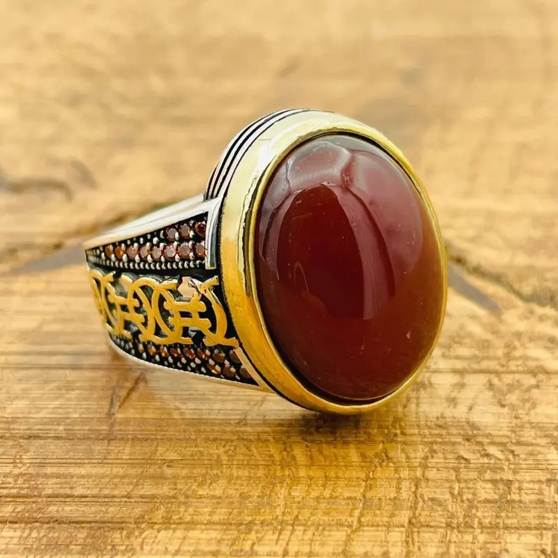 Turkish Handmade 925 Sterling Silver Red Agate Signet Ring for Men | Bold Gift for Him