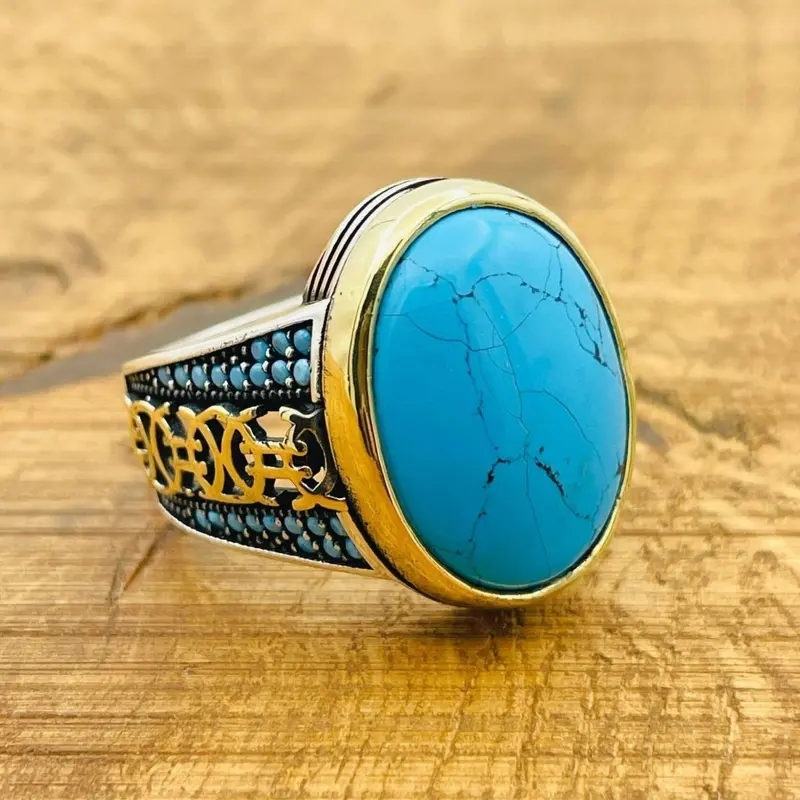 Turkish Handmade Sterling Silver Blue Turquoise Men's Signet Ring - 925 Statement Jewelry Gift
