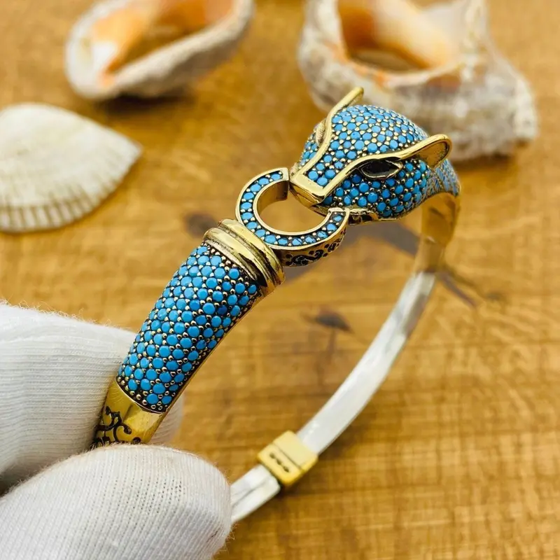 Vibrant Turquoise Tiger Adjustable Bracelet | Handmade Turkish 925 Sterling Silver for Women