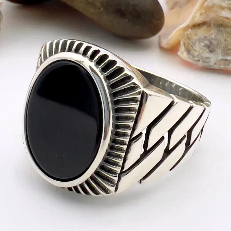 Authentic Turkish 925 Sterling Silver Men's Onyx Ring - Handmade Gift for Him