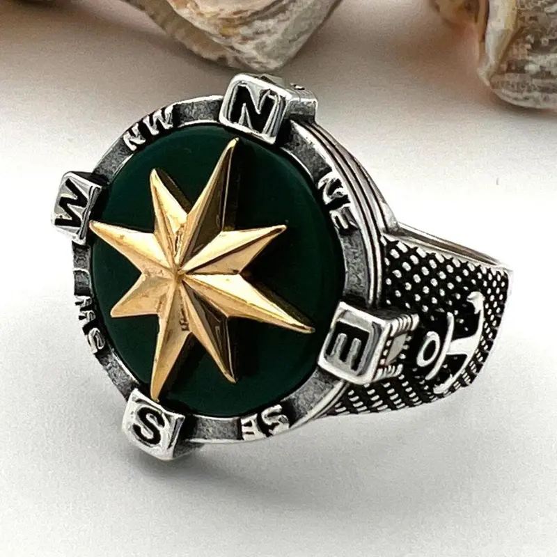Authentic Turkish Handmade Men's Green Agate 925 Sterling Silver Ring - Elegant Gift for Him
