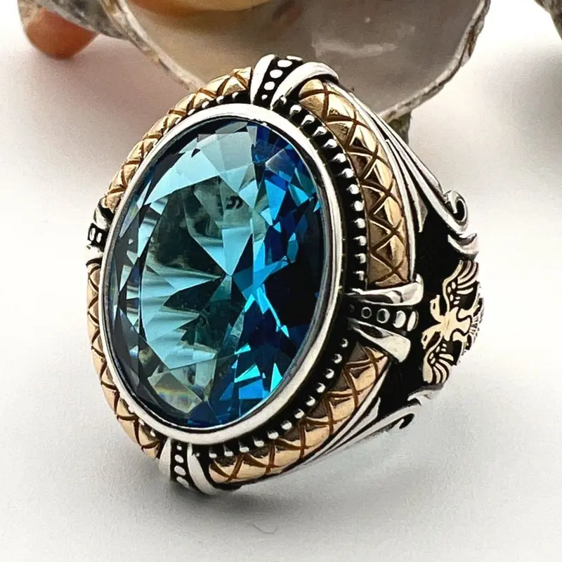 Handcrafted Men's 925 Sterling Silver Blue Aquamarine Double Headed Eagle Ring - Turkish Statement Jewelry