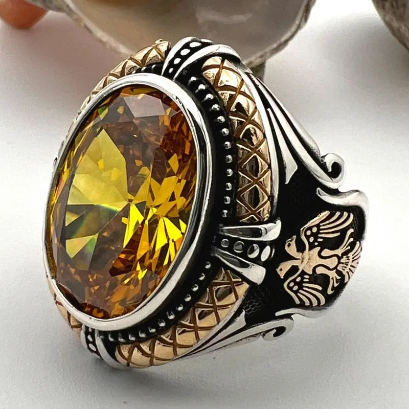 Handcrafted Men's Yellow Citrine Sterling Silver Ring - Authentic Turkish Artisan Jewelry
