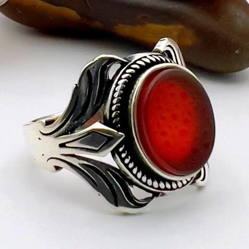 Handcrafted Turkish 925 Sterling Silver Unisex Oval Red Agate Ring