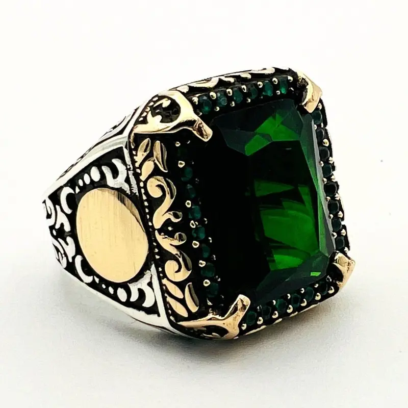 Handcrafted Turkish Sterling Silver Men's Ring with Natural Green Emerald