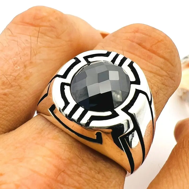 Handmade Turkish Black Onyx Men's Sterling Silver Ring - 925 Artisan Gents Jewelry Gift