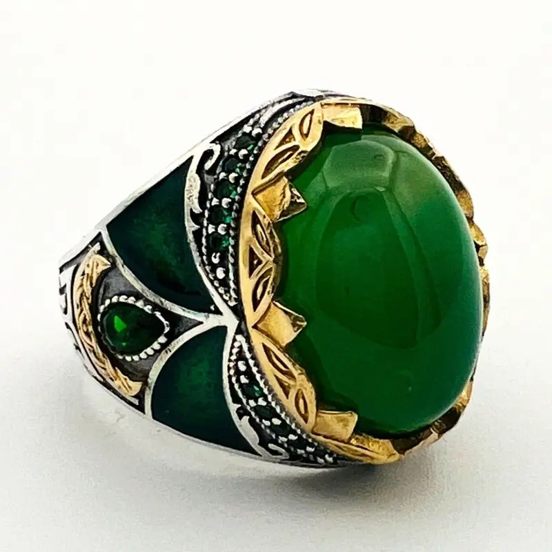 Handmade Turkish Men's Green Agate 925 Sterling Silver Ottoman Style Ring - Statement Jewelry Gift for Him