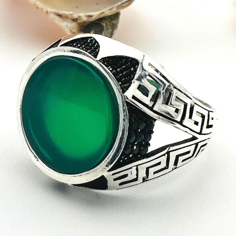 Handmade Turkish Men's Green Agate 925 Sterling Silver Ring - Unique Statement Gift