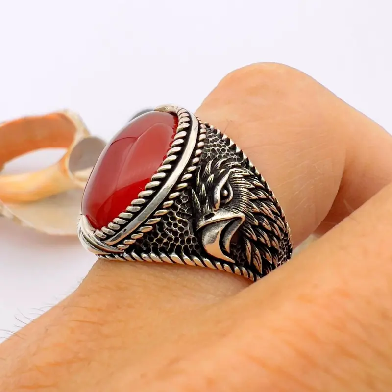 Handmade Turkish Sterling Silver Men's Red Agate Statement Ring