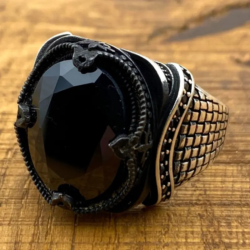 Men's Bold Black Onyx 925 Sterling Silver Ring | Handmade Turkish Craftsmanship
