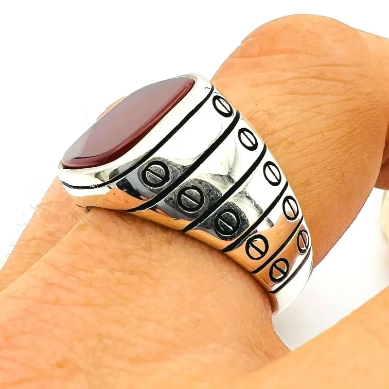 Men's Handcrafted Turkish Sterling Silver Red Agate Ring - Bold Statement & Unique Gift