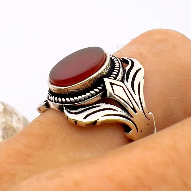 Men's Handcrafted Turkish Sterling Silver Red Agate Statement Ring