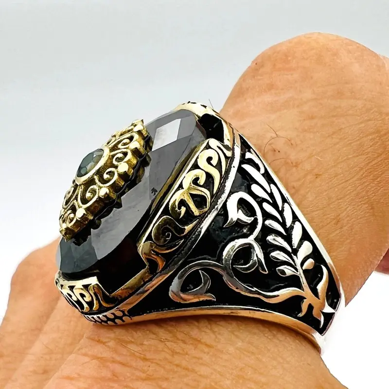 Men's Handmade Turkish 925 Sterling Silver Black Onyx Gemstone Ring | Ottoman Style Statement Jewelry