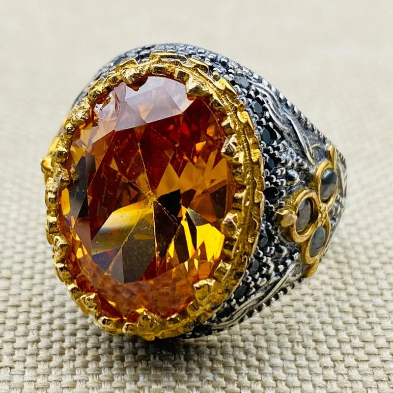 Men's Handmade Turkish 925 Sterling Silver Champagne Citrine Gemstone Ring