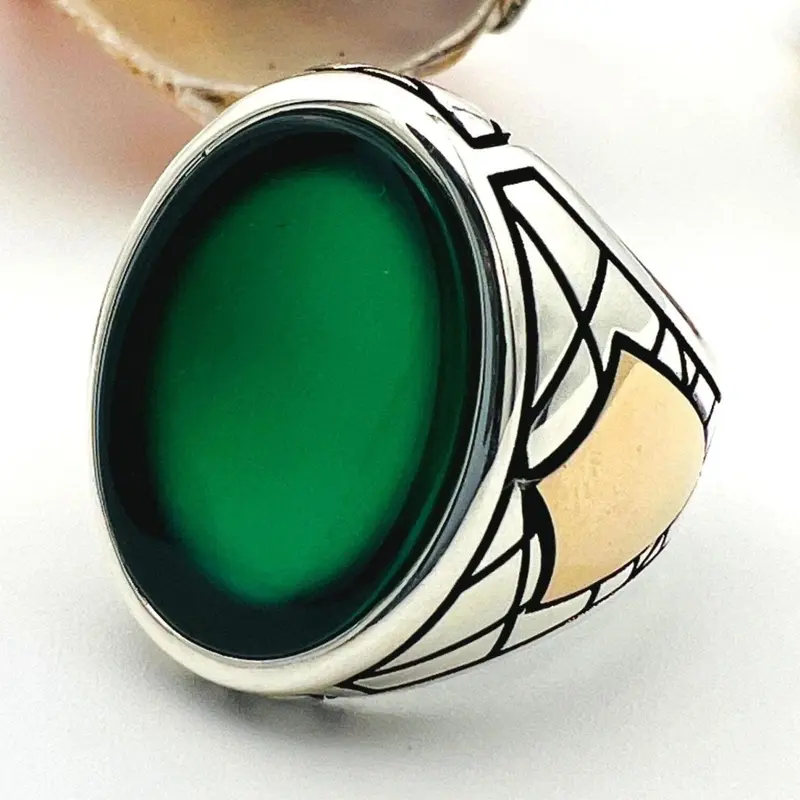 Men's Handmade Turkish 925 Sterling Silver Green Agate Stone Statement Ring
