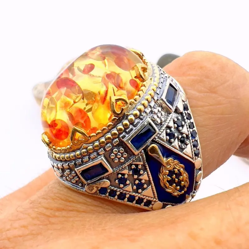 Men's Handmade Turkish 925 Sterling Silver Orange Amber Gemstone Ring