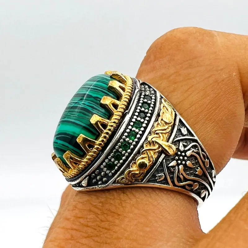 Men's Handmade Turkish Sterling Silver Malachite Ring - Artisan Crafted Green Gemstone Jewelry Gift