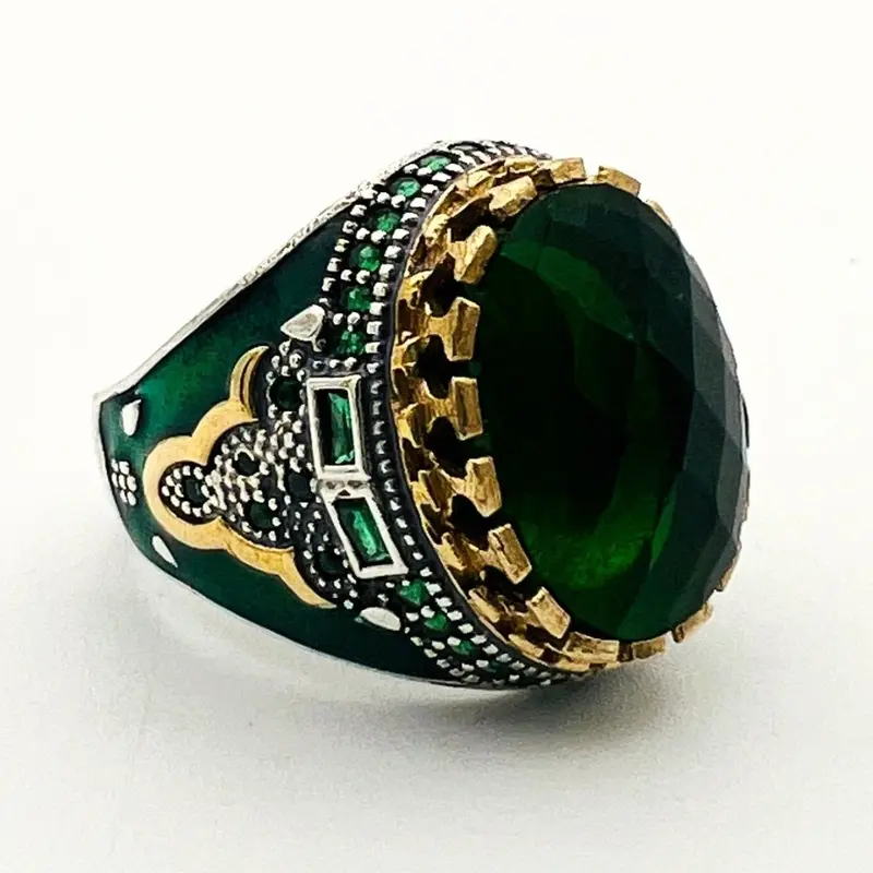 Men's Ottoman Green Emerald Sterling Silver Ring - Authentic Turkish Handmade Jewelry