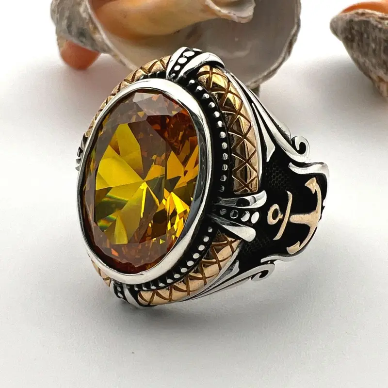 Men's Turkish Handmade 925 Sterling Silver Double Headed Eagle & Yellow Citrine Statement Ring
