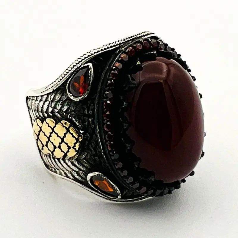 Men's Turkish Handmade Red Agate 925 Sterling Silver Ottoman Ring
