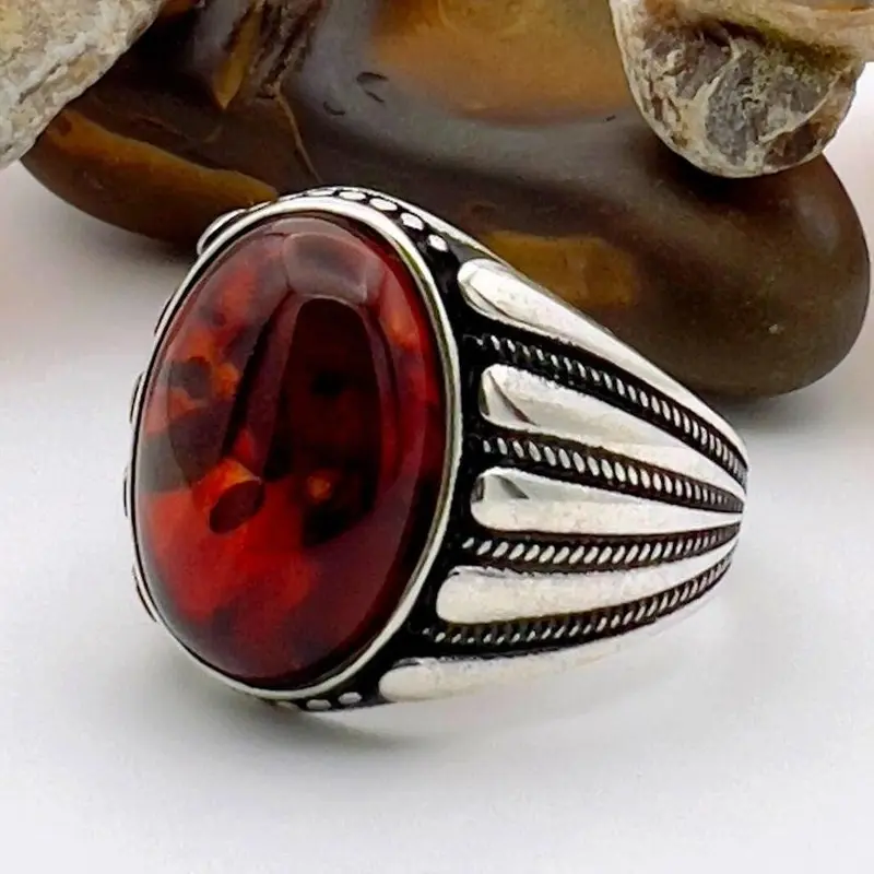 Men's Unique Handmade Turkish 925 Sterling Silver Red Amber Statement Ring