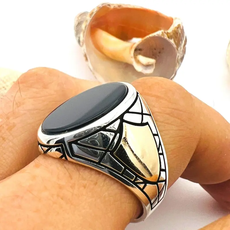 Turkish Handmade 925 Sterling Silver Men's Black Onyx Ring - Vintage-Inspired Design