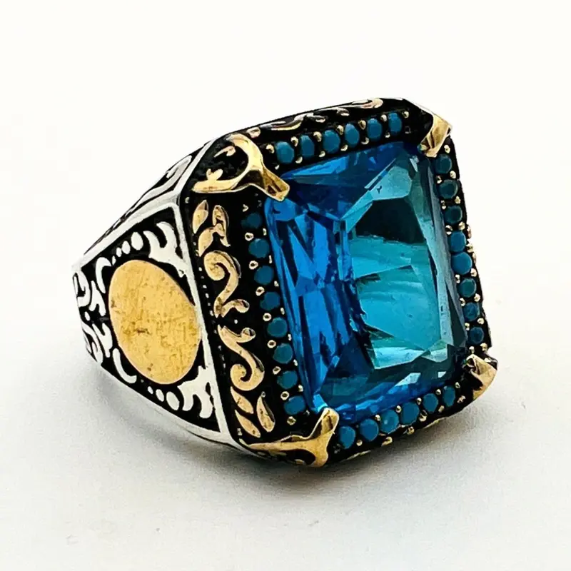 Turkish Handmade Men's Aquamarine 925 Sterling Silver Ring - Ottoman Style Gift for Him