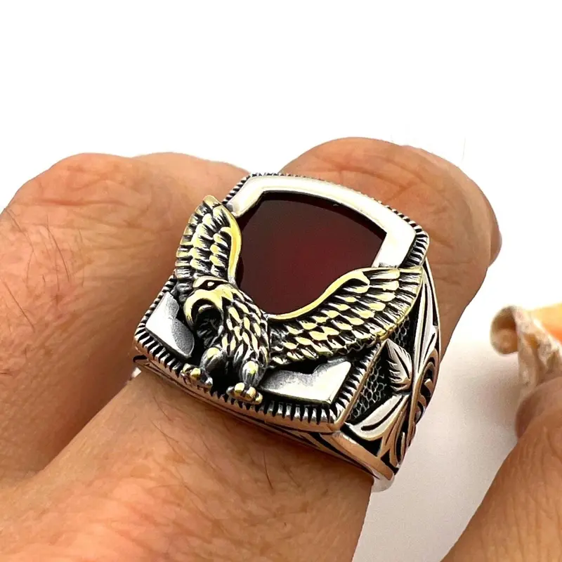Turkish Handmade Men's Red Agate 925 Sterling Silver Statement Ring