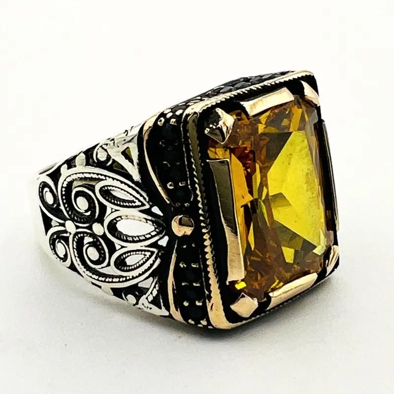 Turkish Handmade Men's Yellow Citrine 925 Sterling Silver Ring | Ottoman Style Statement Piece