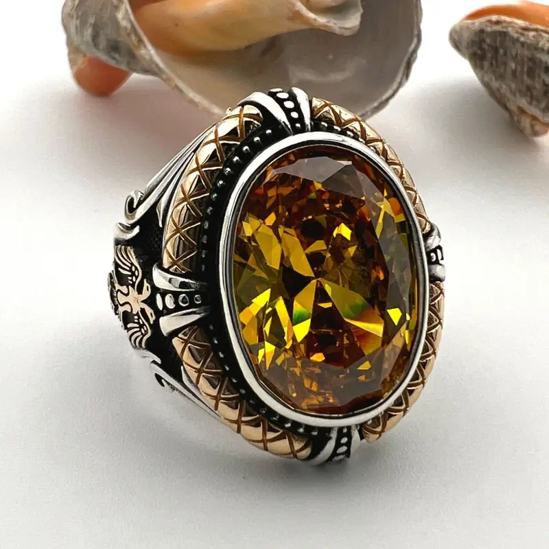 Turkish Handmade Sterling Silver Double Eagle Yellow Citrine Men's Statement Ring