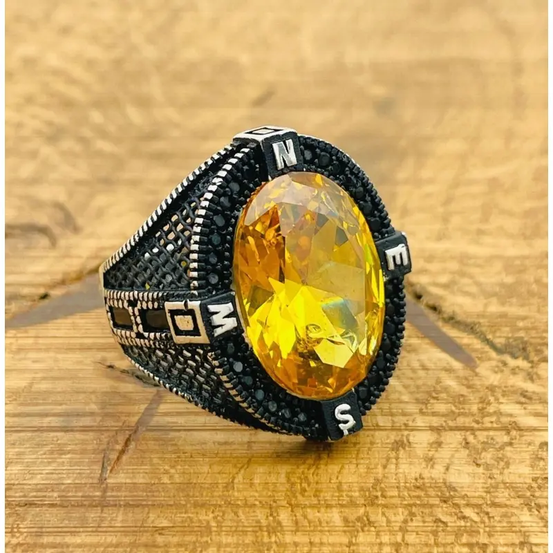 Artisan Turkish Handmade Men's Citrine Compass 925 Sterling Silver Ring