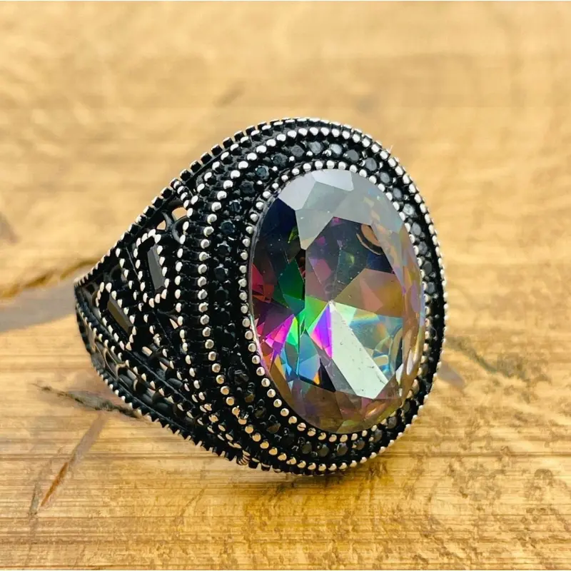 Authentic Men's Turkish Handmade 925 Sterling Silver Mystic Topaz Ring - Oval Multicolor Gemstone