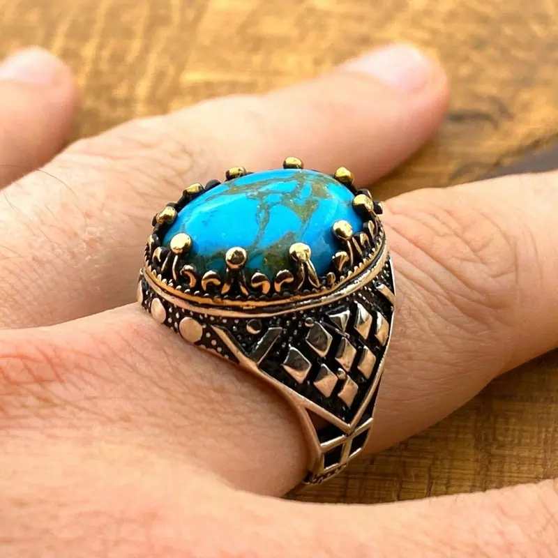 Authentic Turkish Handmade 925 Sterling Silver Men's Turquoise Ring - Artisan Gemstone Gift