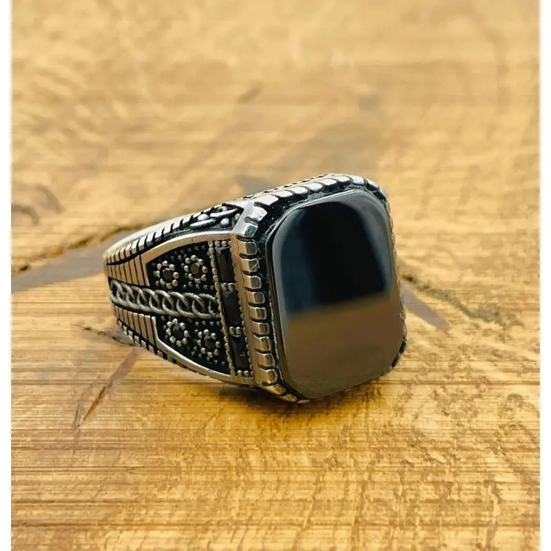 Authentic Turkish Handmade Men's 925 Sterling Silver Black Onyx Square Ring