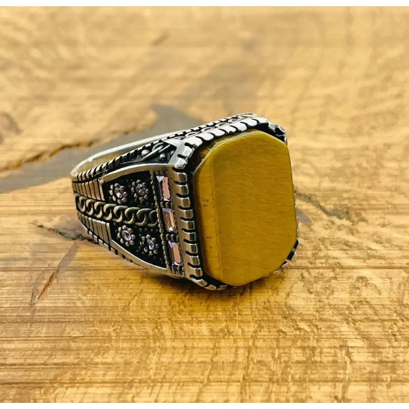 Authentic Turkish Handmade Men's Tiger's Eye 925 Sterling Silver Square Ring
