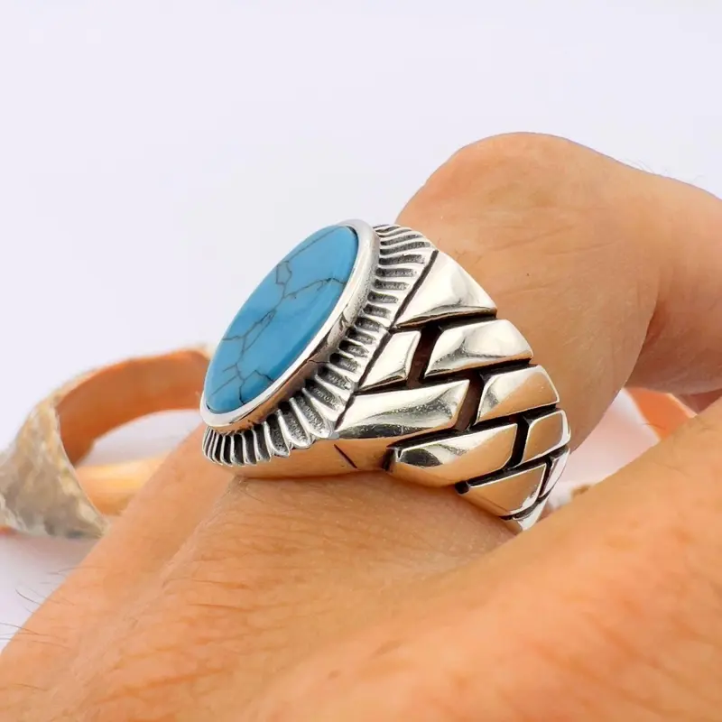 Authentic Turkish Handmade Sterling Silver Men's Turquoise Ring - Ottoman Style Gemstone Gift