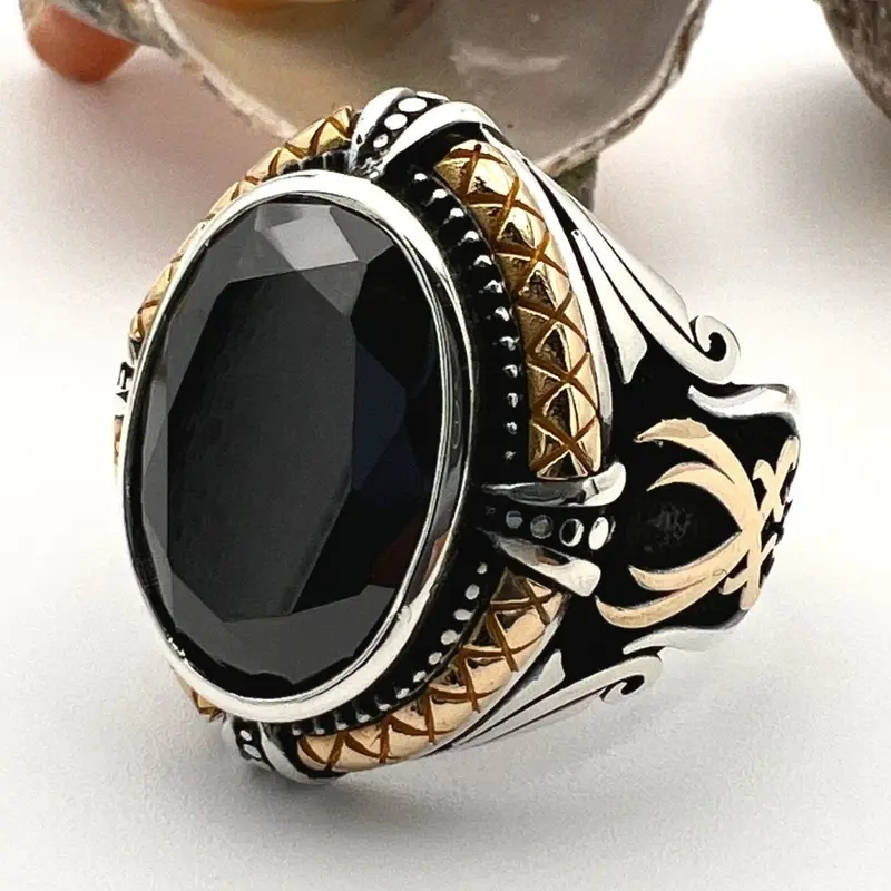Handcrafted Men's Onyx 925 Sterling Silver Ring - Ottoman Style Turkish Jewelry