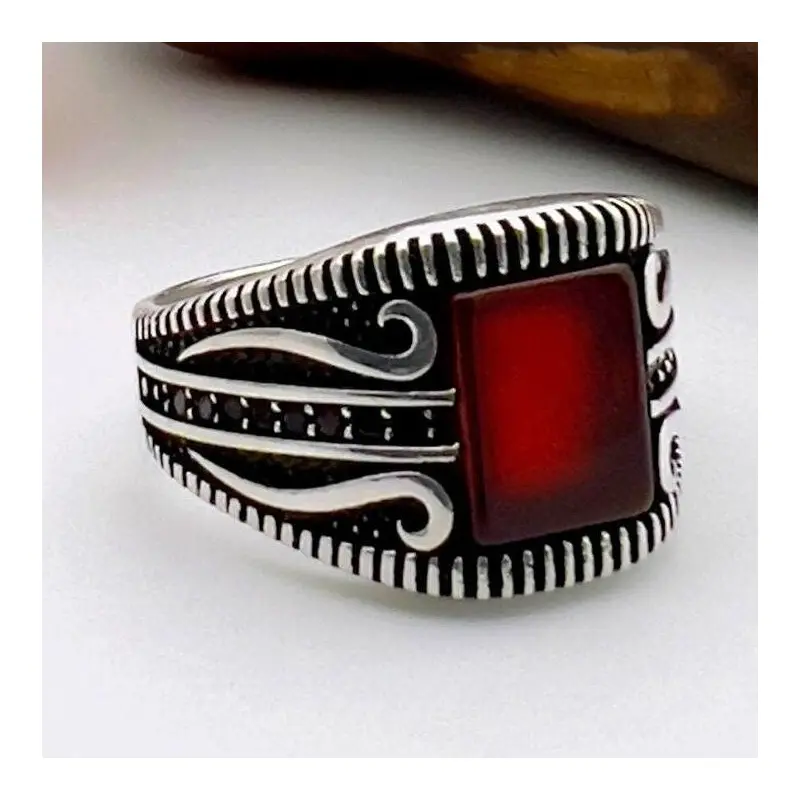 Handcrafted Turkish 925 Sterling Silver Men's Ring with Bold Square Red Agate Gemstone