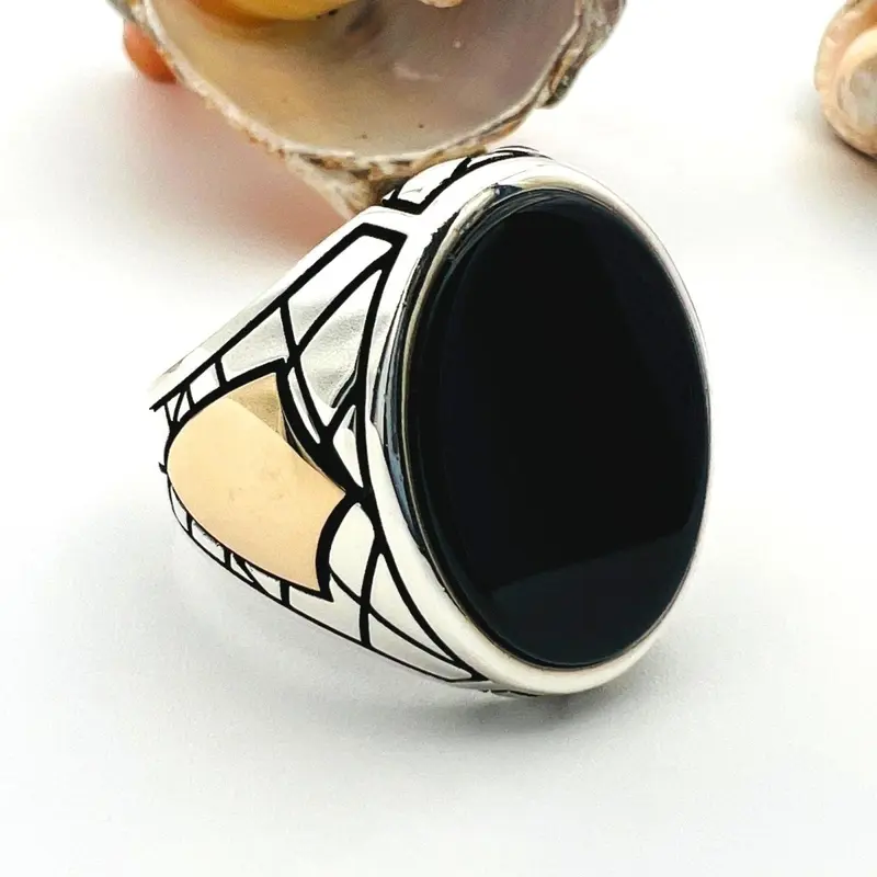 Handmade 925 Sterling Silver Men's Ottoman Black Onyx Ring - Authentic Turkish Craftsmanship