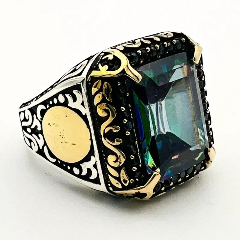 Handmade Men's Turkish Mystic Topaz 925 Sterling Silver Ring