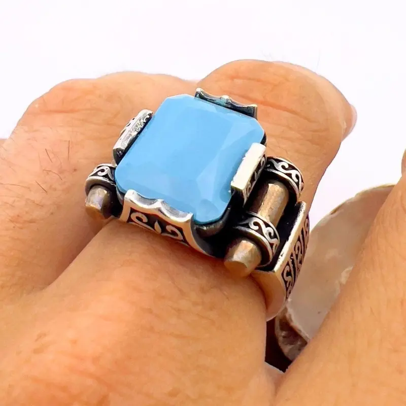 Handmade Turkish 925 Sterling Silver Men's Turquoise Ring - Classic Ottoman Style