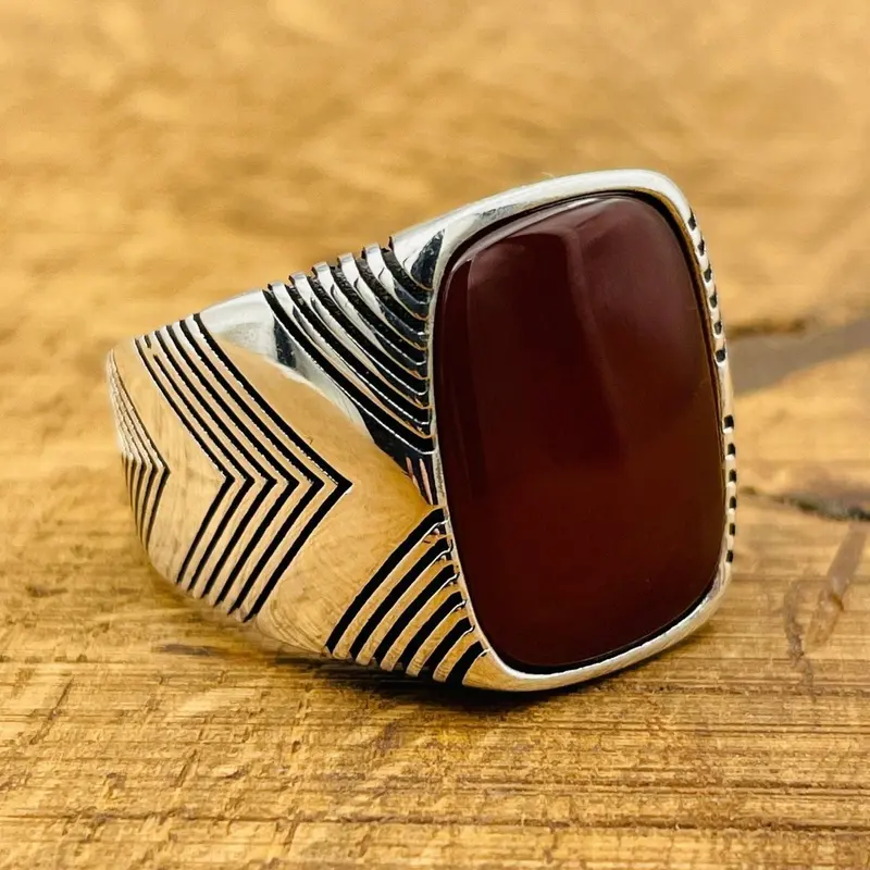 Handmade Turkish Men's Square Red Agate 925 Sterling Silver Ring | Ottoman Inspired Gift