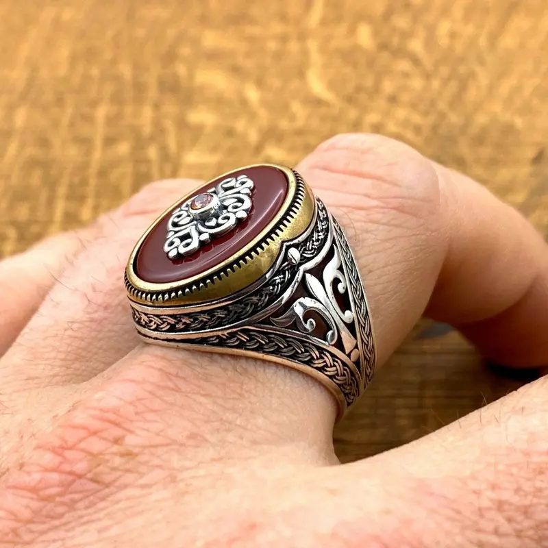 Handmade Turkish Sterling Silver Men's Ring with Dark Red Agate Stone
