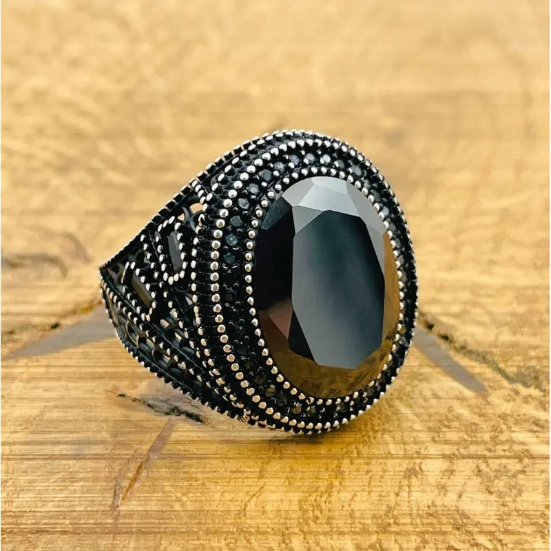 Men's 925 Sterling Silver Black Zircon Oval Ring - Turkish Handmade Statement Jewelry
