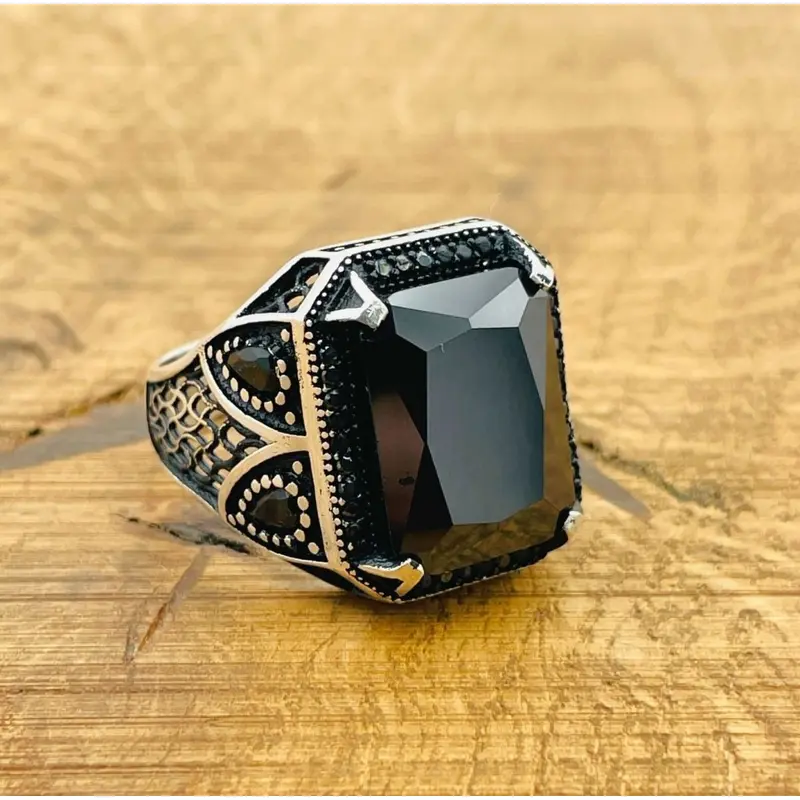 Men's 925 Sterling Silver Black Zircon Square Ring | Turkish Handmade Design
