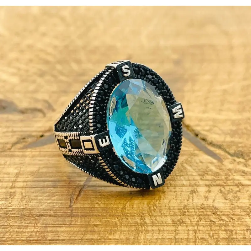 Men's Aquamarine Compass 925 Sterling Silver Ring - Handmade Turkish Artisan Jewelry
