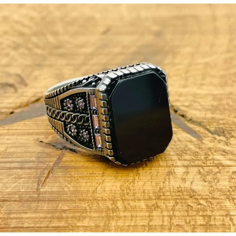 Men's Authentic Turkish Handmade 925 Sterling Silver Black Onyx Square Ring