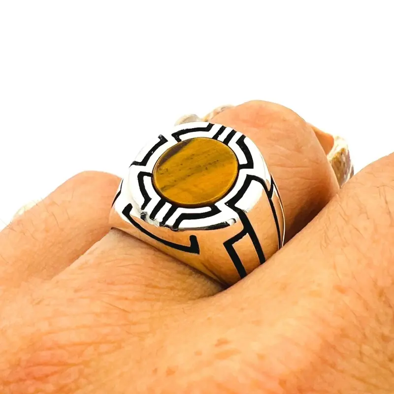 Men's Genuine Tiger's Eye Oval Ring - 925 Sterling Silver, Handmade Turkish Craftsmanship
