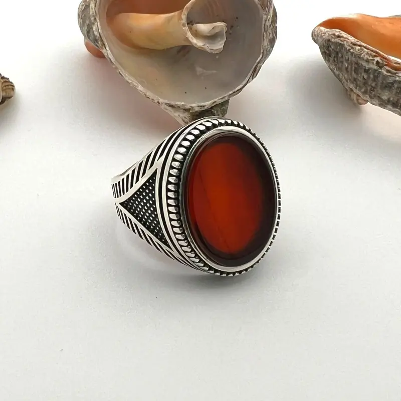 Men's Handcrafted 925 Sterling Silver Red Agate Ottoman Ring | Turkish Artisan Jewelry
