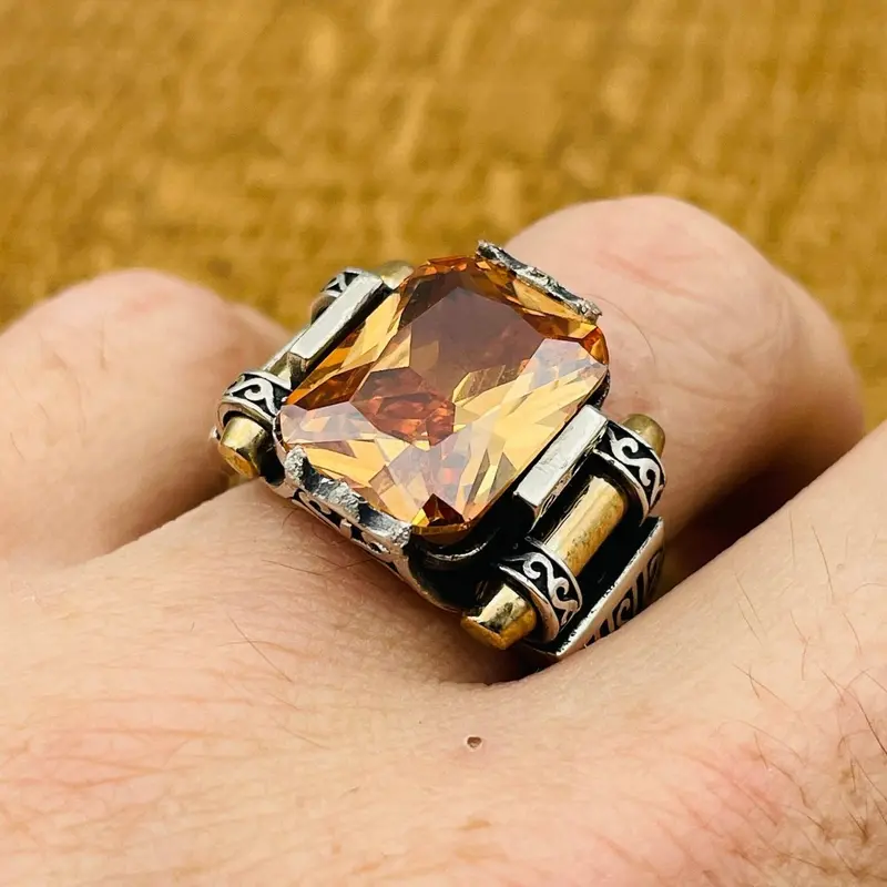 Men's Handcrafted Sterling Silver Champagne Citrine Square Ring - Unique Turkish Artistry